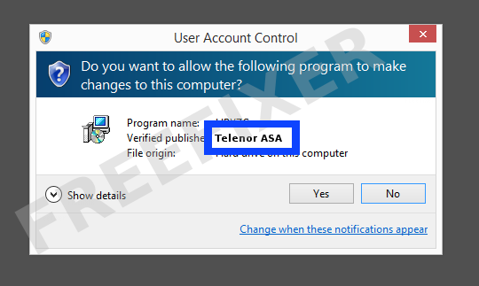 Screenshot where Telenor ASA appears as the verified publisher in the UAC dialog